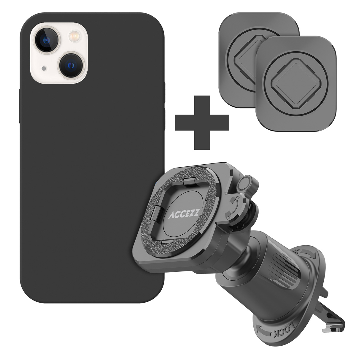 Accezz EasyLock telefoonhouder auto – inclusief hoesje Apple iPhone 13 – Ventilatierooster – 360 graden draaibaar – Zwart