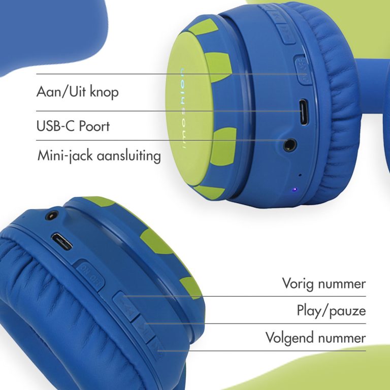 imoshion Kids Dino Bluetooth Headphones - Kinder koptelefoon met decibelbegrenzer - Draadloze koptelefoon + AUX kabel - Cobalt Blue / Lime - Afbeelding 7