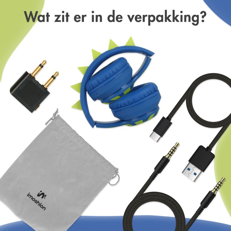 imoshion Kids Dino Bluetooth Headphones - Kinder koptelefoon met decibelbegrenzer - Draadloze koptelefoon + AUX kabel - Cobalt Blue / Lime - Afbeelding 5