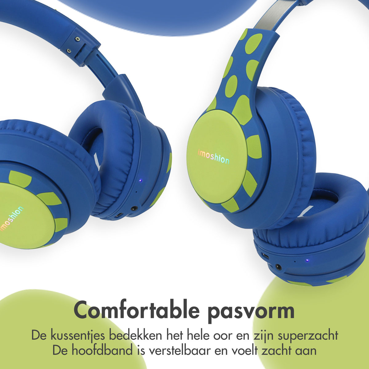 imoshion Draadloze Kinderkoptelefoon Dino LED Light - Decibelbegrenzer - Met AUX kabel - Cobalt Blue / Lime - Afbeelding 2