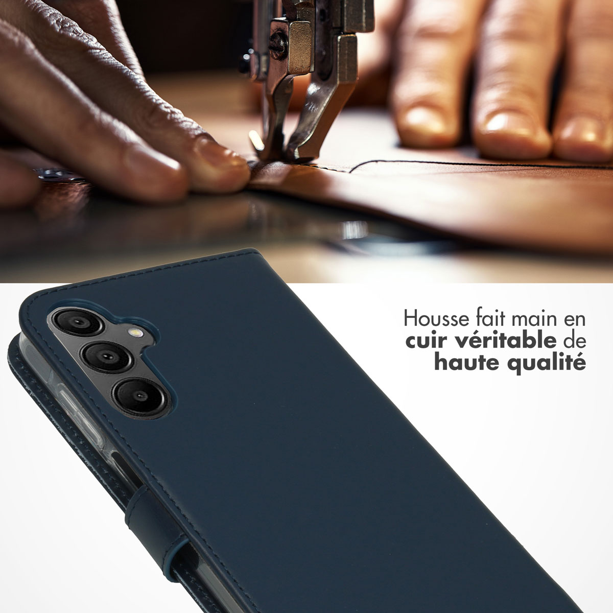 Selencia Echt Leren Bookcase Samsung Galaxy A15 (5G/4G) - Donkerblauw - Afbeelding 5