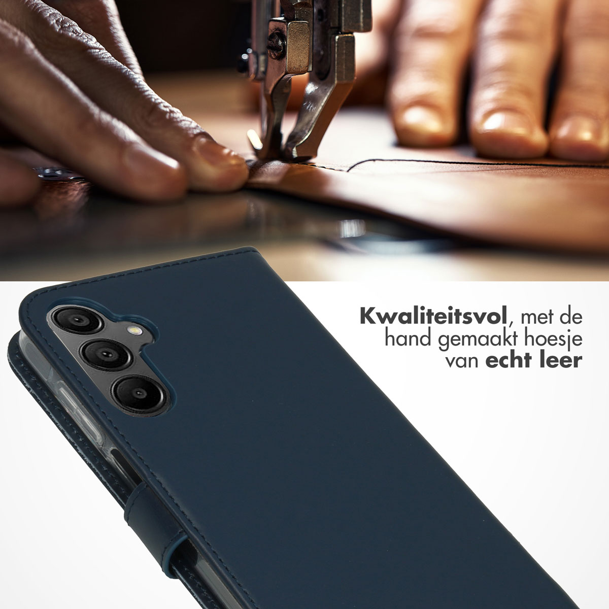 Selencia Echt Leren Bookcase Samsung Galaxy A15 (5G/4G) - Donkerblauw - Afbeelding 4