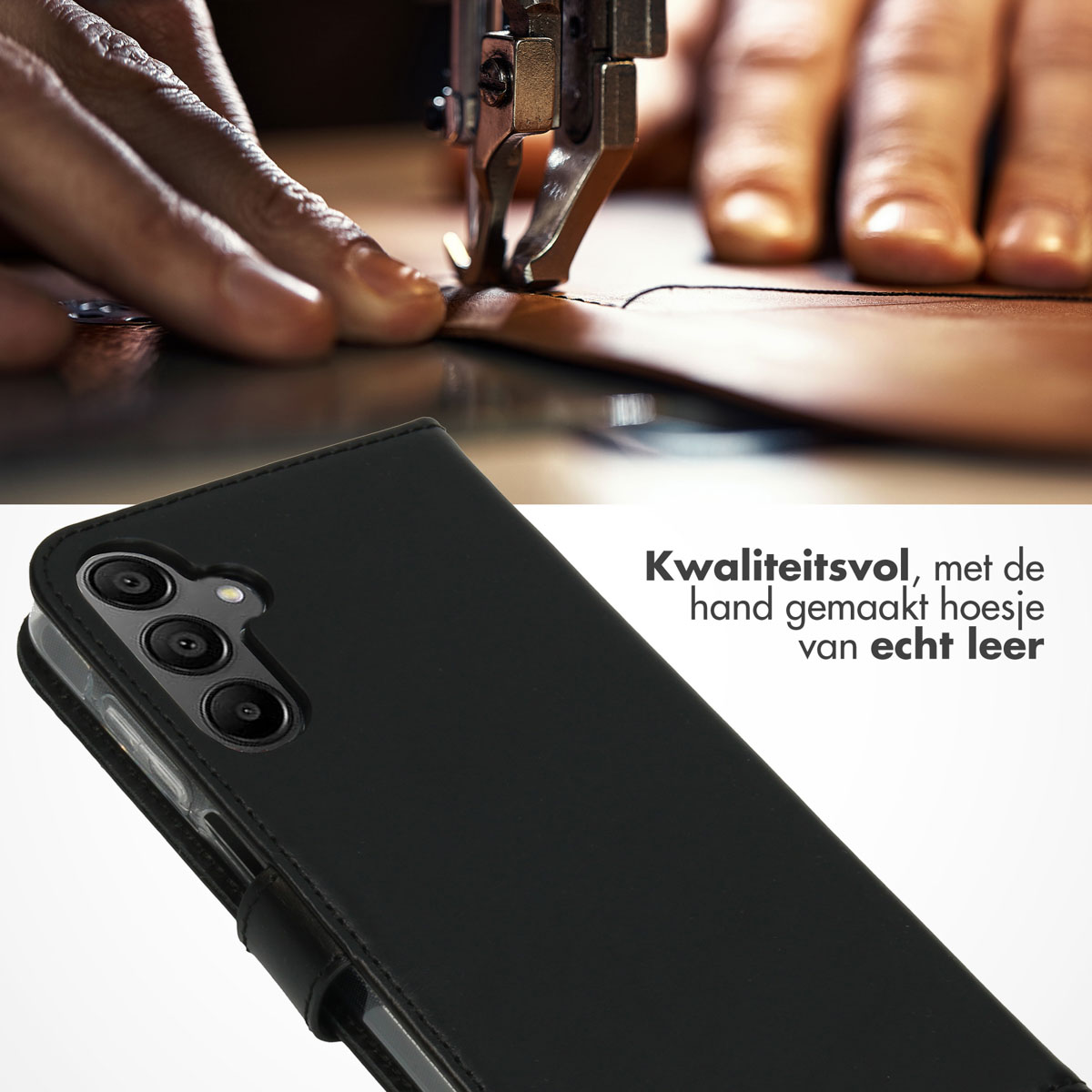 Selencia Echt Leren Bookcase Samsung Galaxy A15 (5G/4G) - Zwart - Afbeelding 4