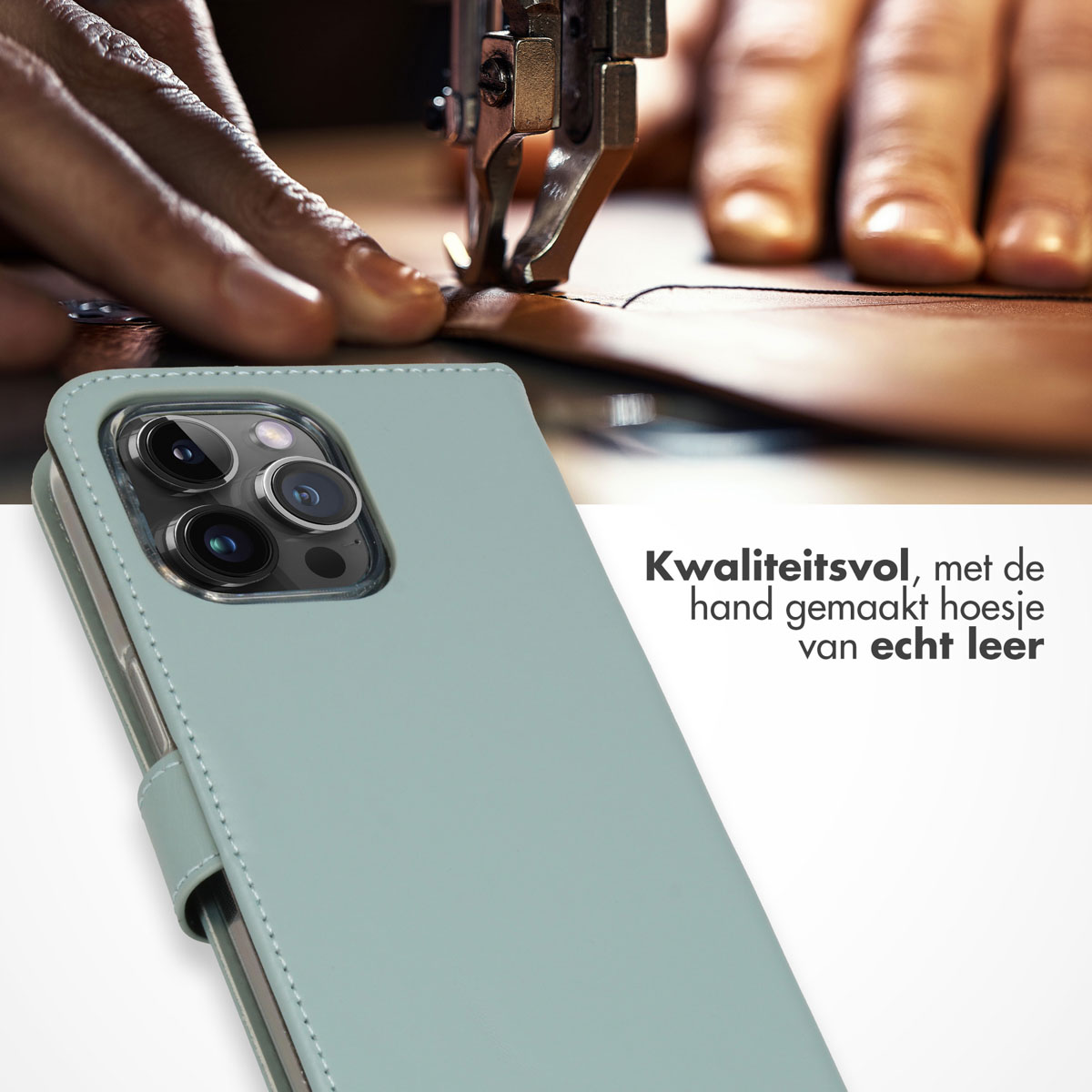 Selencia Echt Leren Bookcase Apple iPhone 15 Pro Max - Air Blue - Afbeelding 4