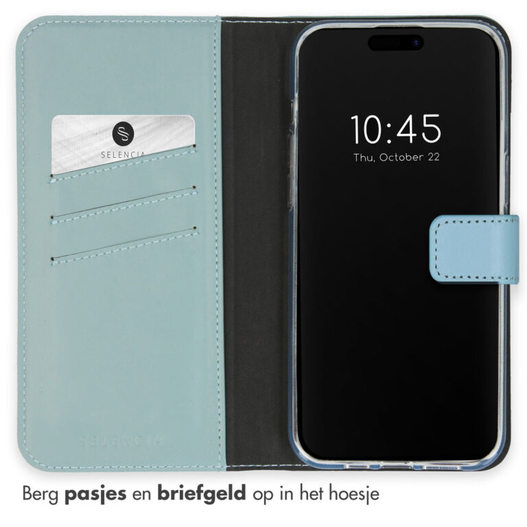 Selencia Echt Lederen Bookcase Apple iPhone 15 Pro Max - Air Blue - Afbeelding 2
