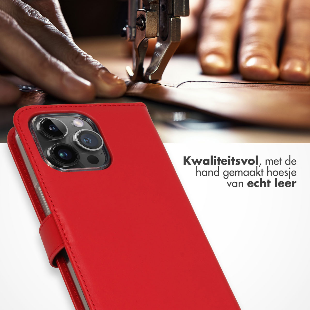 Selencia Echt Leren Bookcase Apple iPhone 15 Pro Max - Rood - Afbeelding 4