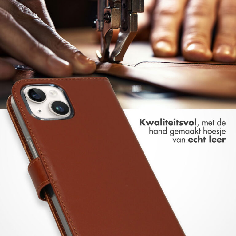 Selencia Echt Lederen Bookcase Apple iPhone 15 - Lichtbruin - Afbeelding 4