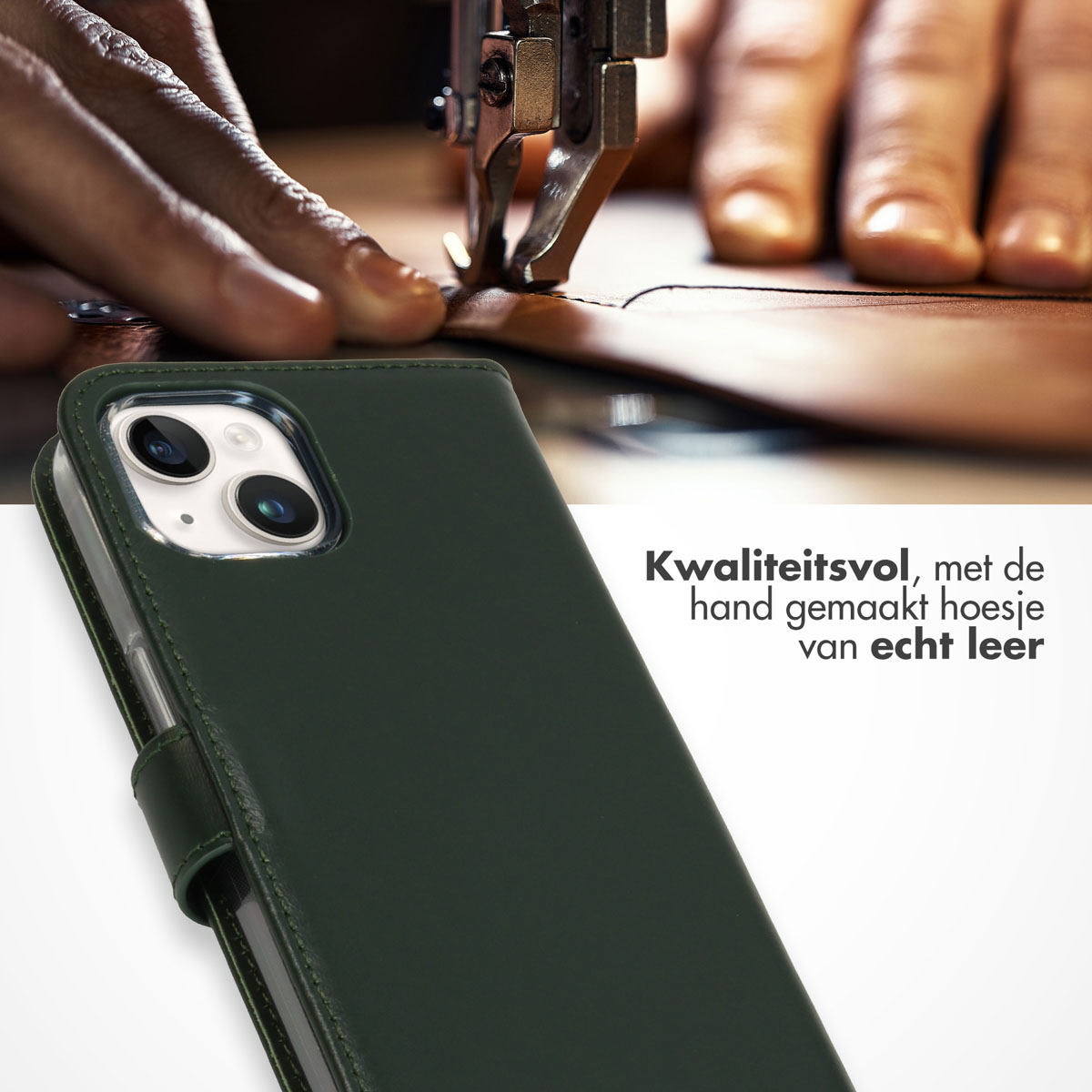 Selencia Echt Leren Bookcase Apple iPhone 15 - Groen - Afbeelding 4