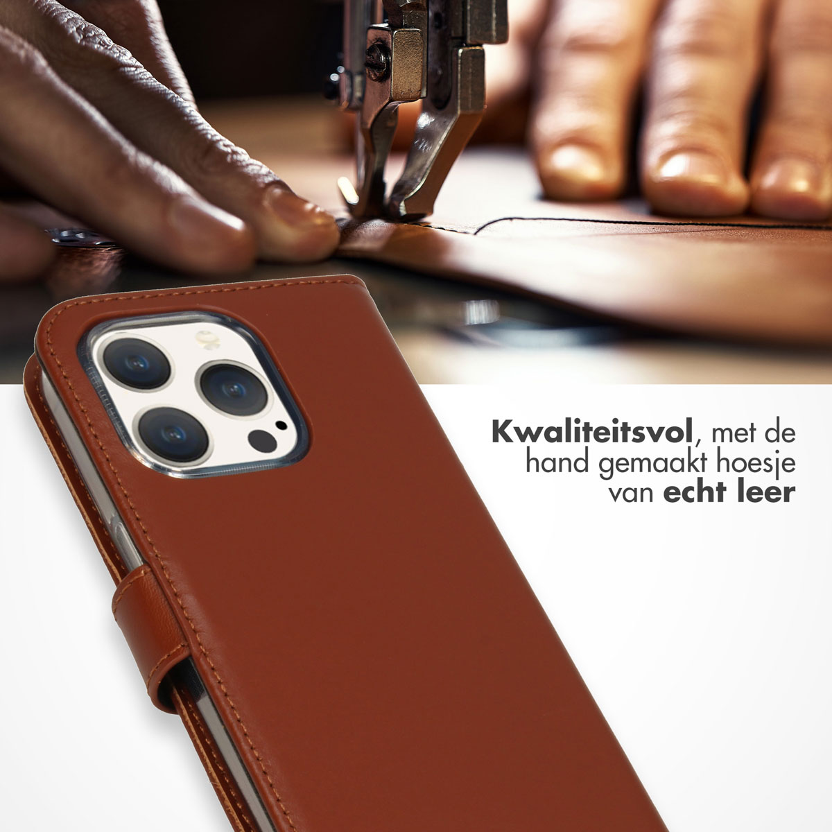 Selencia Echt Leren Bookcase Apple iPhone 15 Pro - Lichtbruin - Afbeelding 4