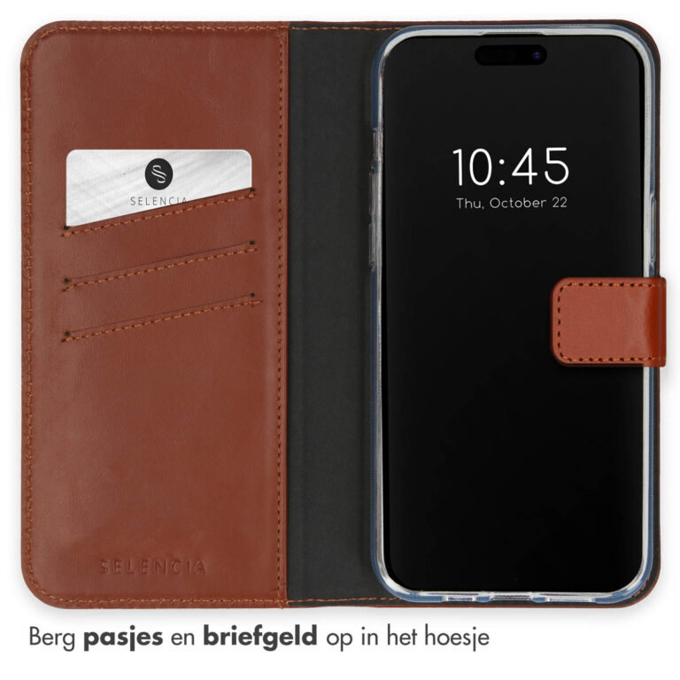 Selencia Echt Lederen Bookcase Apple iPhone 15 Pro - Lichtbruin - Afbeelding 2
