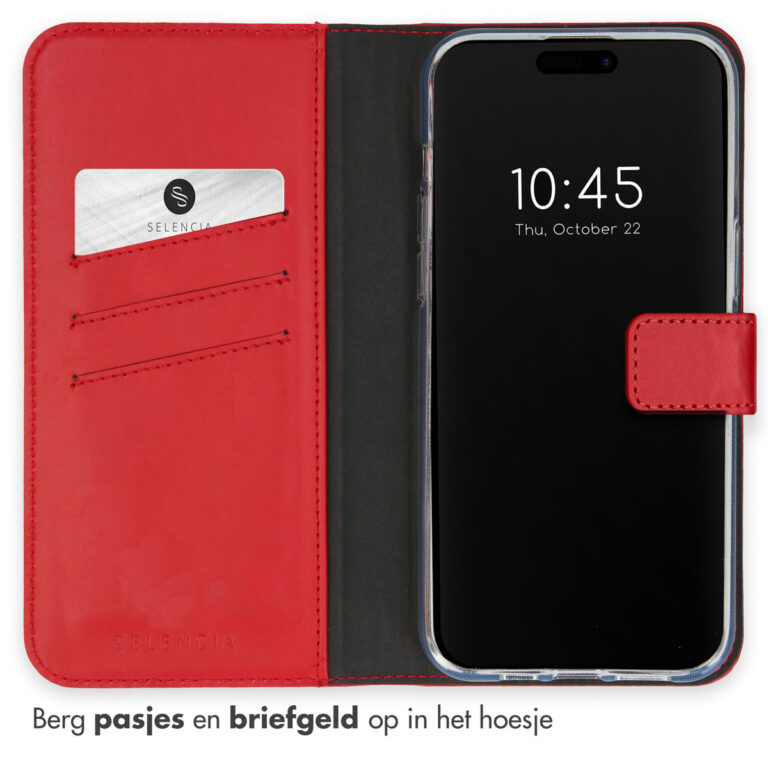 Selencia Echt Lederen Bookcase Apple iPhone 15 Pro - Rood - Afbeelding 3