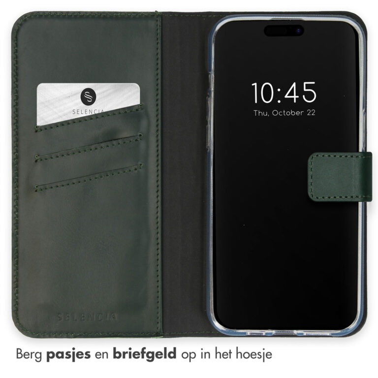 Selencia Echt Lederen Bookcase Apple iPhone 15 Pro - Groen - Afbeelding 3
