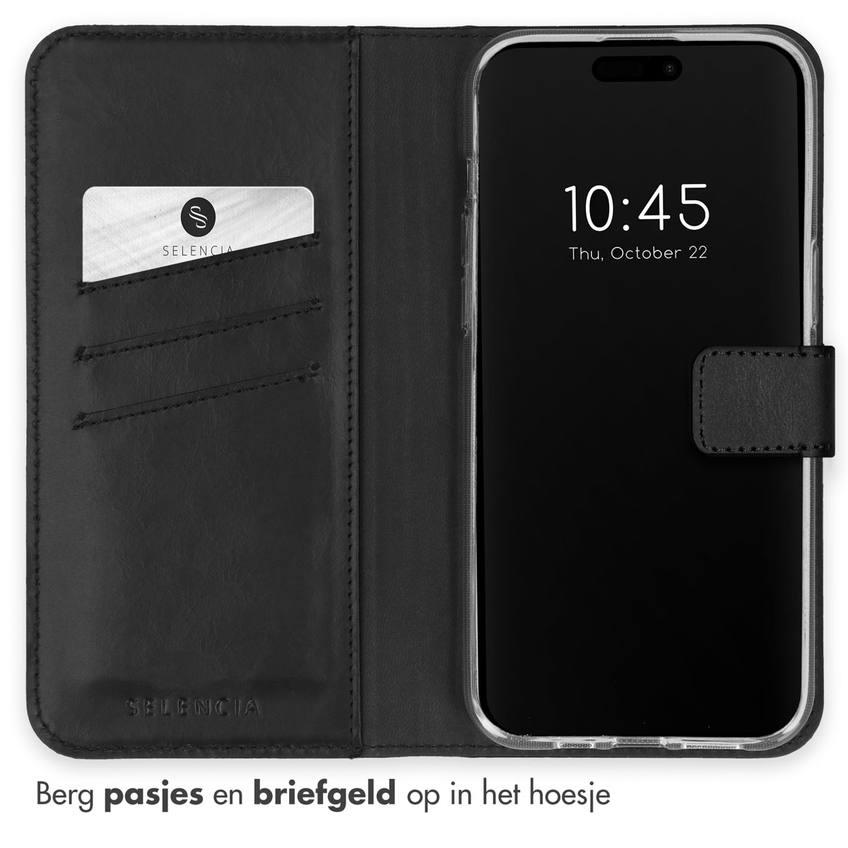 Selencia Echt Leren Bookcase Apple iPhone 15 Pro - Zwart - Afbeelding 3