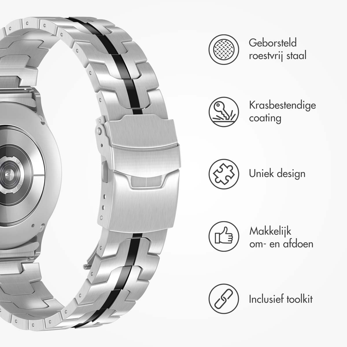 Accezz Steel Band Samsung Galaxy Watch 4 / 5 / 6 / 7 / FE (20 mm) - Zilver & Zwart - Afbeelding 5