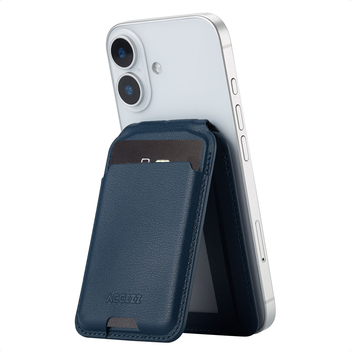 Accezz Leren Wallet met standaard – Geschikt voor MagSafe en Qi2 – Nightfall Blue