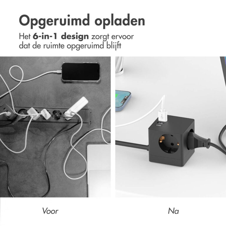 Accezz PowerCube Strip | 6-in-1 - 1x USB-C + 2x USB-A + 3x stopcontact - 4000 watt - Zwart - Afbeelding 9