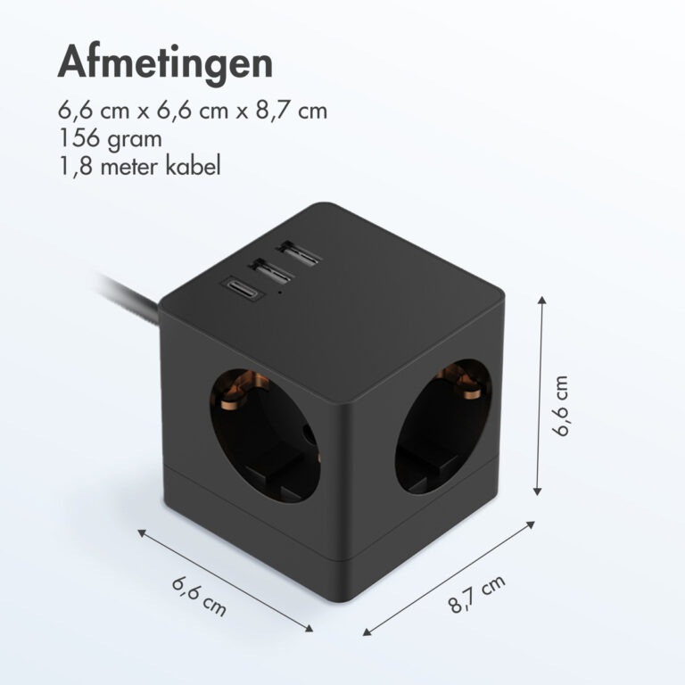 Accezz PowerCube Strip | 6-in-1 - 1x USB-C + 2x USB-A + 3x stopcontact - 4000 watt - Zwart - Afbeelding 6