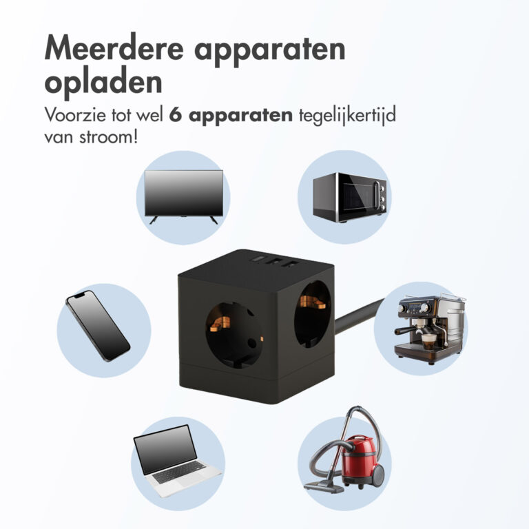 Accezz PowerCube Strip | 6-in-1 - 1x USB-C + 2x USB-A + 3x stopcontact - 4000 watt - Zwart - Afbeelding 4