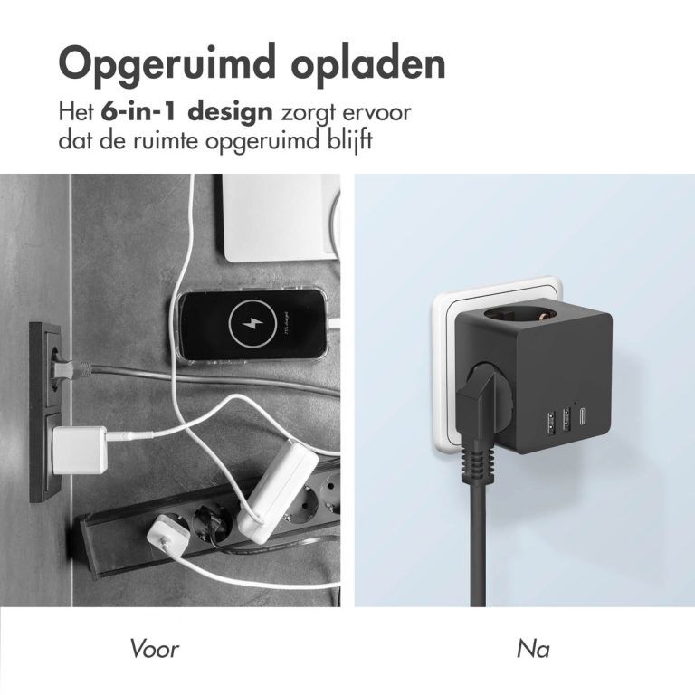 Accezz PowerCube | 6-in-1 - 1x USB-C + 2x USB-A + 3x stopcontact - 4000 watt - Zwart - Afbeelding 8