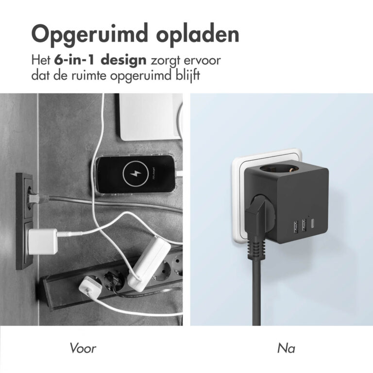 Accezz PowerCube | 6-in-1 - 1x USB-C + 2x USB-A + 3x stopcontact - 4000 watt - Zwart - Afbeelding 8