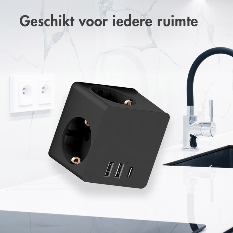 Accezz PowerCube | 6-in-1 - 1x USB-C + 2x USB-A + 3x stopcontact - 4000 watt - Zwart - Afbeelding 7