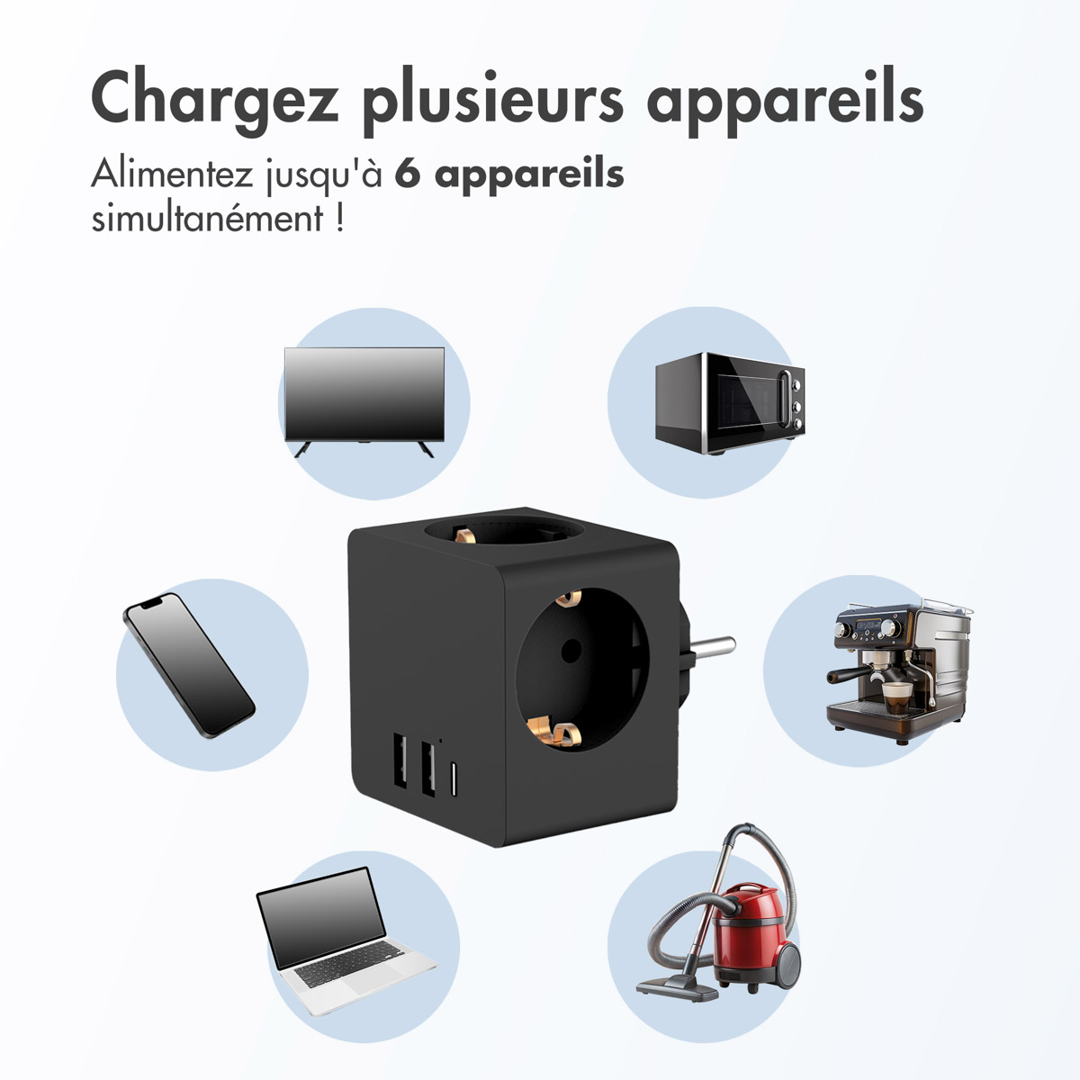 Accezz PowerCube | 6-in-1 - 1x USB-C + 2x USB-A + 3x stopcontact - 4000 watt - Zwart - Afbeelding 4