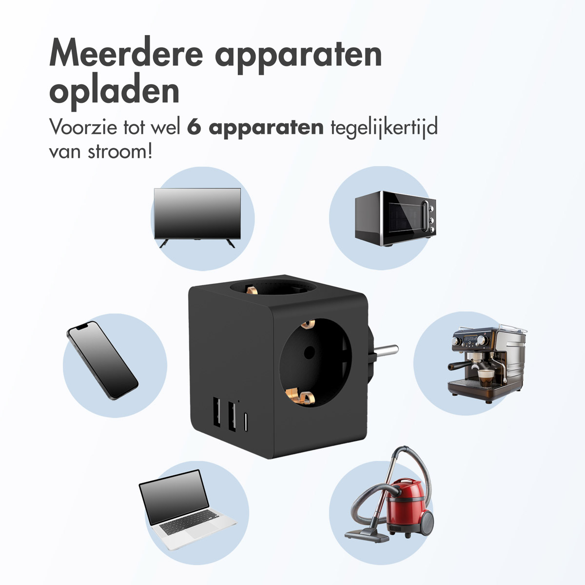 Accezz PowerCube | 6-in-1 - 1x USB-C + 2x USB-A + 3x stopcontact - 4000 watt - Zwart - Afbeelding 6