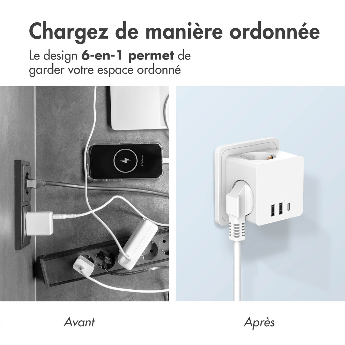 Accezz PowerCube | 6-in-1 - 1x USB-C + 2x USB-A + 3x stopcontact - 4000 watt - Wit - Afbeelding 10