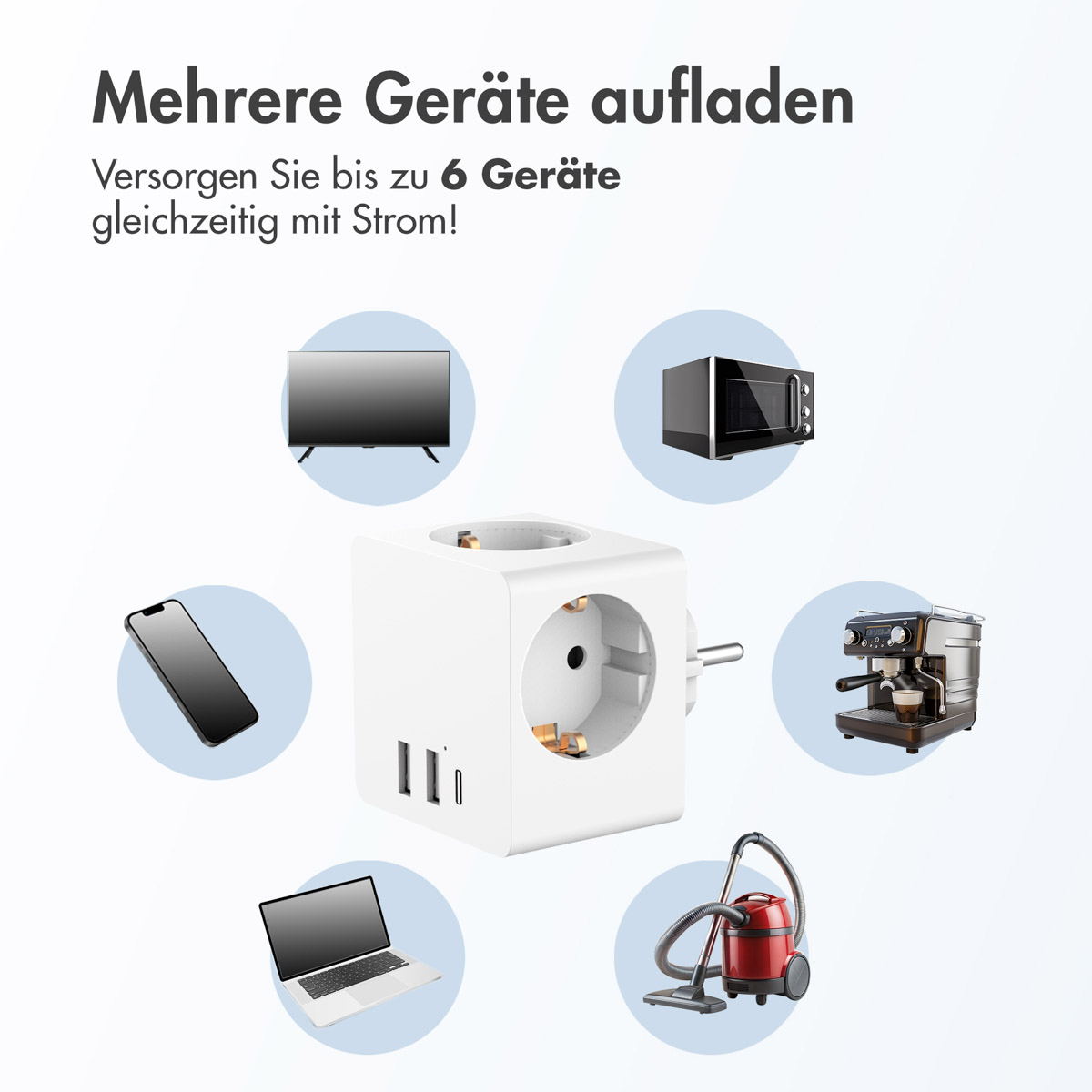 Accezz PowerCube | 6-in-1 - 1x USB-C + 2x USB-A + 3x stopcontact - 4000 watt - Wit - Afbeelding 4