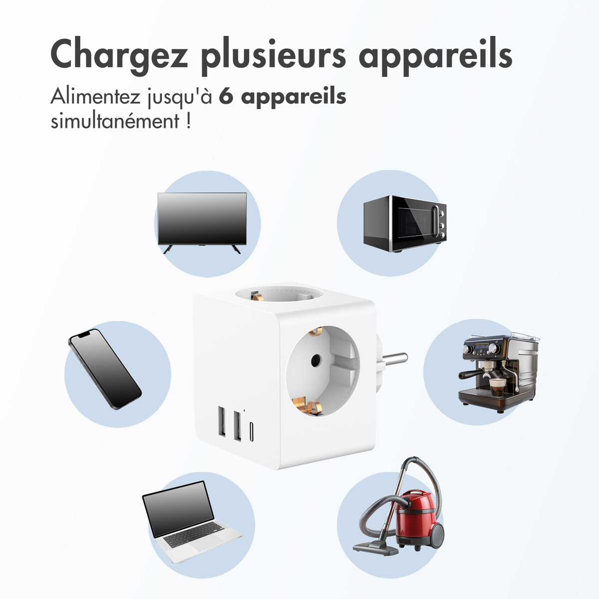 Accezz PowerCube | 6-in-1 - 1x USB-C + 2x USB-A + 3x stopcontact - 4000 watt - Wit - Afbeelding 6
