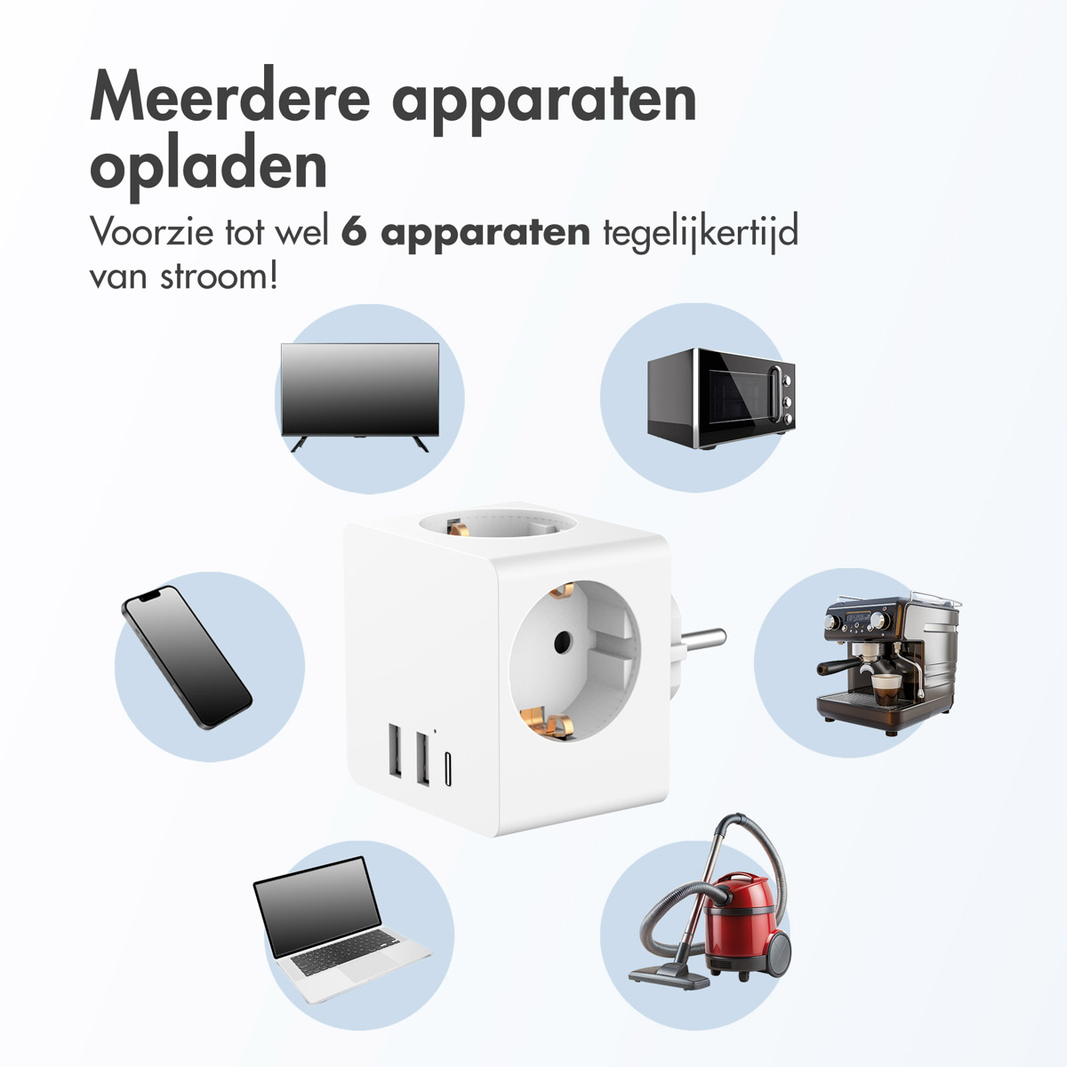 Accezz PowerCube | 6-in-1 - 1x USB-C + 2x USB-A + 3x stopcontact - 4000 watt - Wit - Afbeelding 5