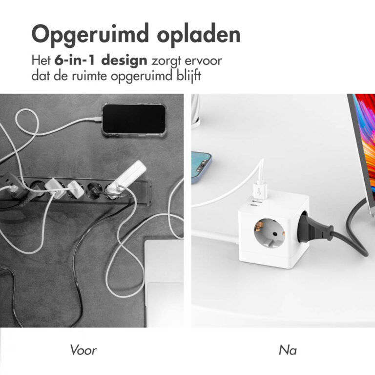 Accezz PowerCube Strip | 6-in-1 - 1x USB-C + 2x USB-A + 3x stopcontact - 4000 watt - Wit - Afbeelding 6