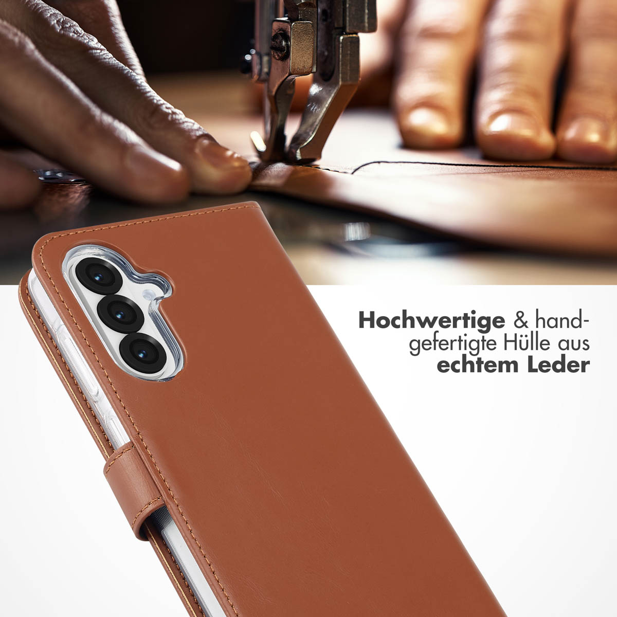 Selencia Echt Leren Bookcase Samsung Galaxy A36 / A56 - Lichtbruin - Afbeelding 6