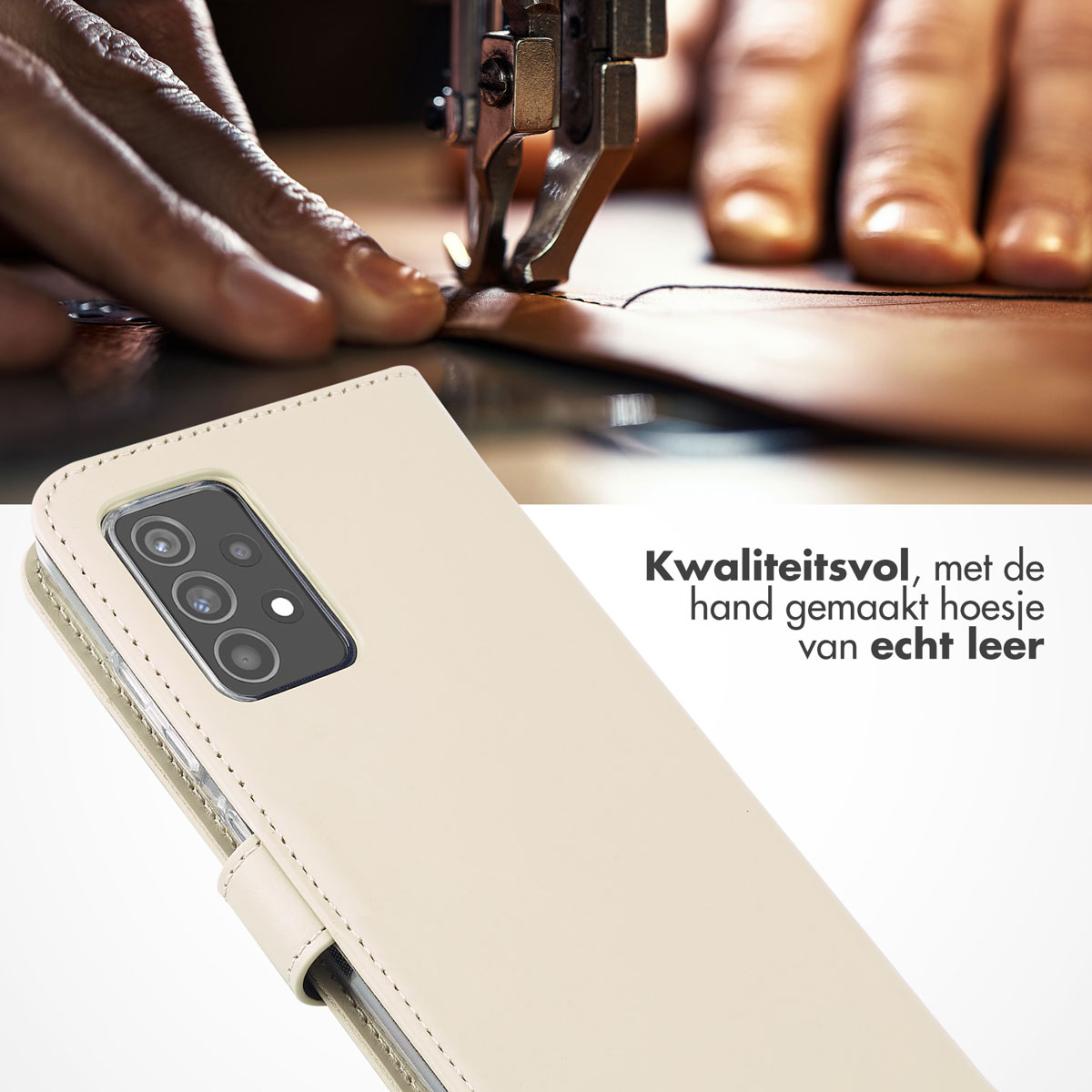 Selencia Echt Leren Bookcase Samsung Galaxy A52(s) (5G/4G) - Greige - Afbeelding 6