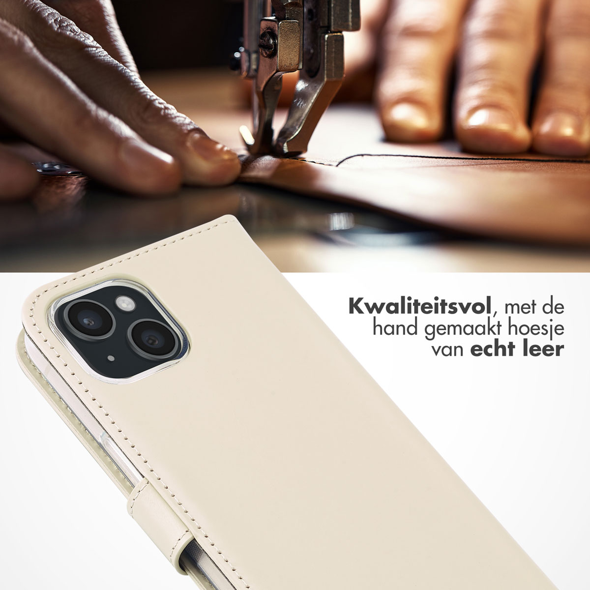 Selencia Echt Leren Bookcase Apple iPhone 15 - Greige - Afbeelding 2