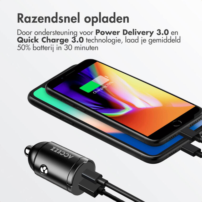 Accezz Autolader | Snellader met 2 poorten - USB-A 30 watt + USB-C 65 watt - Zwart - Afbeelding 7