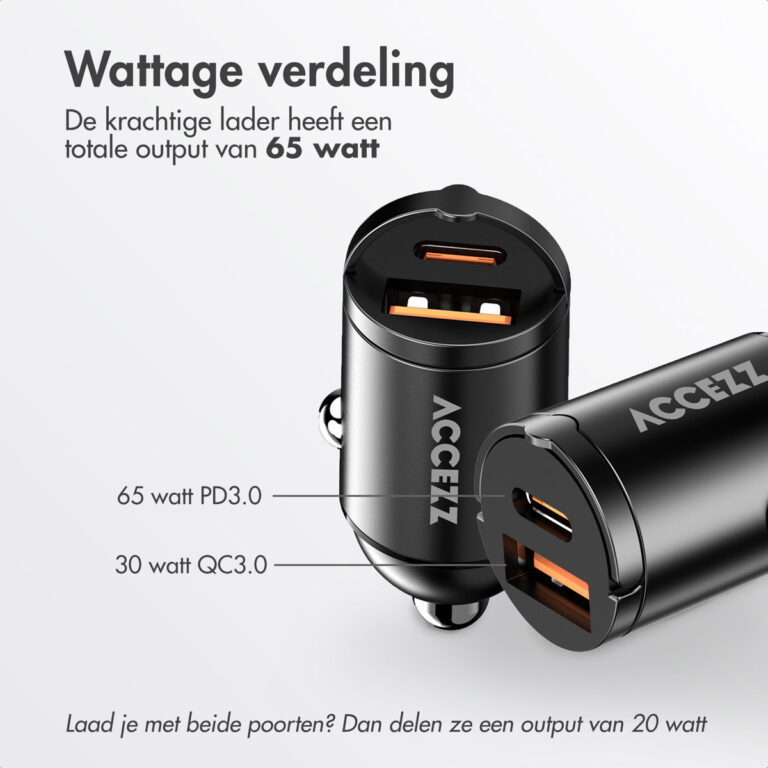Accezz Autolader | Snellader met 2 poorten - USB-A 30 watt + USB-C 65 watt - Zwart - Afbeelding 8