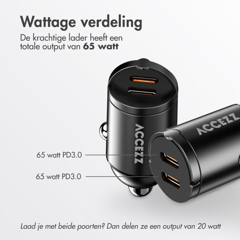 Accezz Autolader | Snellader met 2 poorten - 2x USB-C 65 watt - Afbeelding 8