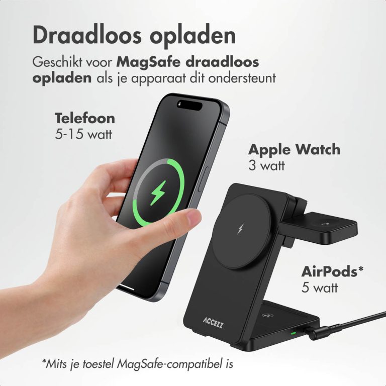 Accezz 3-in-1 Opvouwbare Draadloze MagSafe Oplader - 20W - Zwart - Afbeelding 7