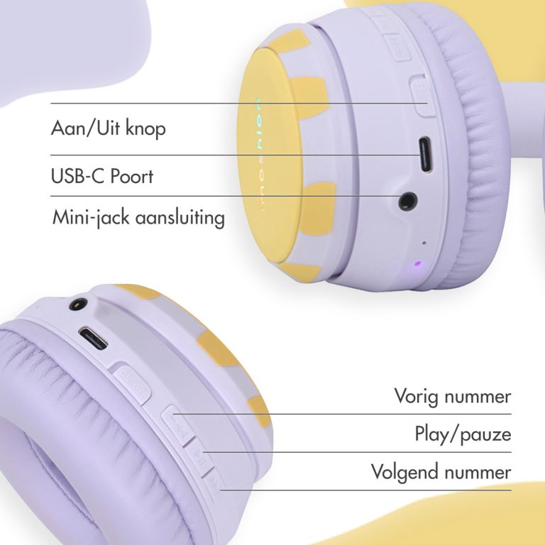 imoshion Kids Dino Bluetooth Headphones - Kinder koptelefoon met decibelbegrenzer - Draadloze koptelefoon + AUX kabel - Lavender Lilac / Yellow - Afbeelding 8