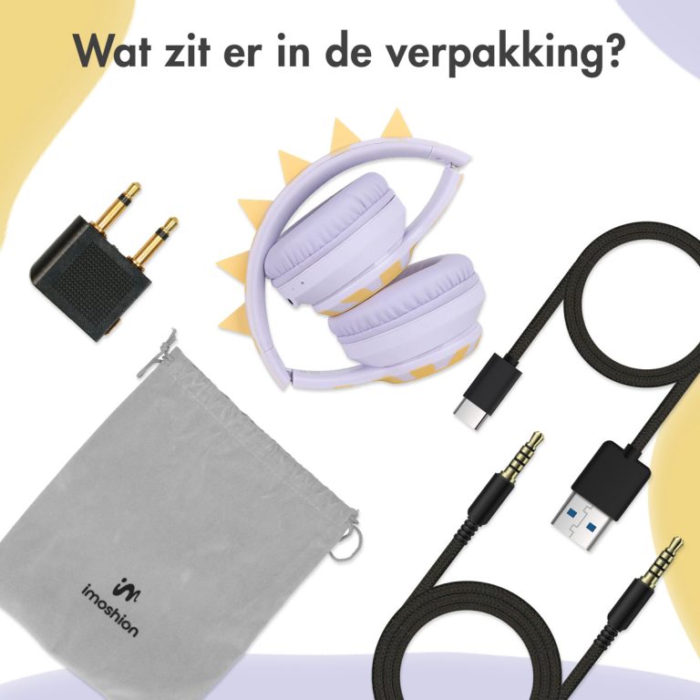 imoshion Kids Dino Bluetooth Headphones - Kinder koptelefoon met decibelbegrenzer - Draadloze koptelefoon + AUX kabel - Lavender Lilac / Yellow - Afbeelding 5