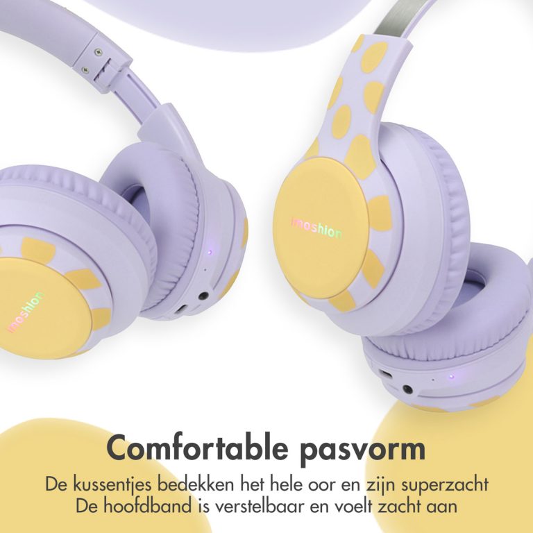 imoshion Kids Dino Bluetooth Headphones - Kinder koptelefoon met decibelbegrenzer - Draadloze koptelefoon + AUX kabel - Lavender Lilac / Yellow - Afbeelding 3