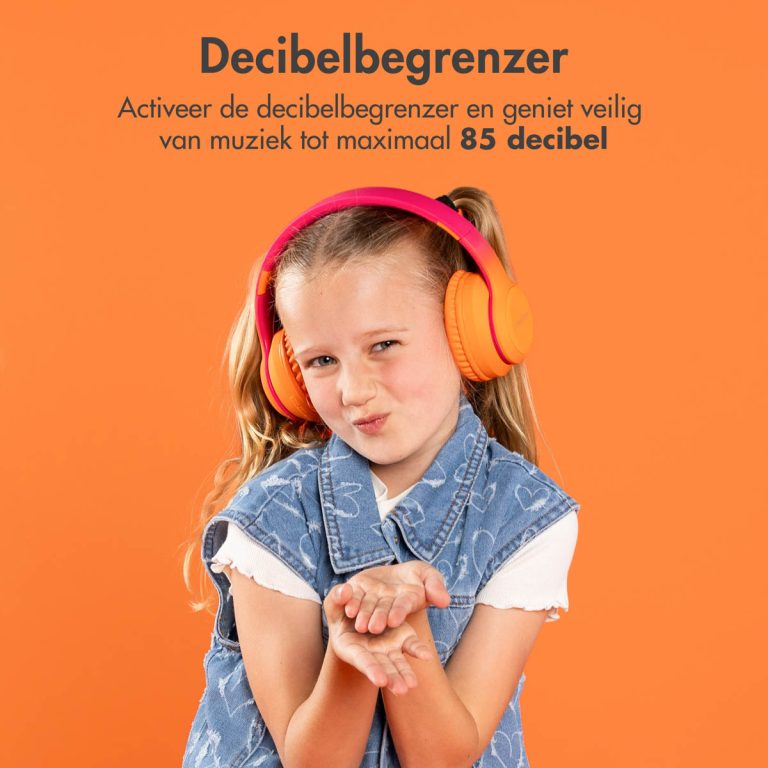 imoshion Draadloze Kinderkoptelefoon LED Light - Decibelbegrenzer - Met AUX kabel - Hot Pink / Apricot Orange Crush - Afbeelding 6