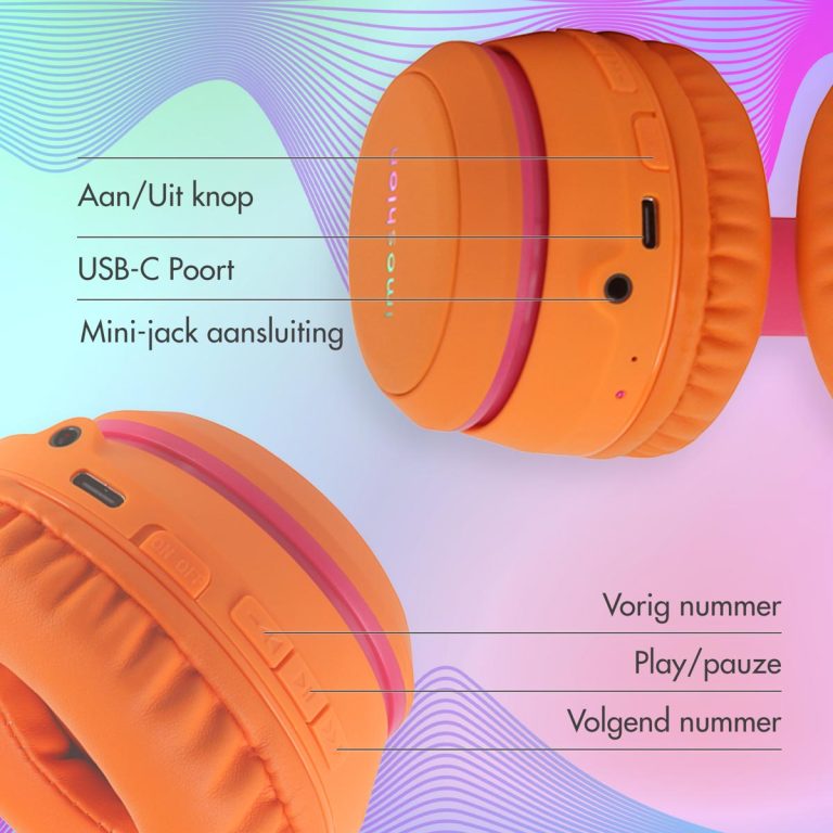 imoshion Draadloze Kinderkoptelefoon LED Light - Decibelbegrenzer - Met AUX kabel - Hot Pink / Apricot Orange Crush - Afbeelding 5