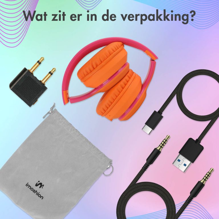 imoshion Draadloze Kinderkoptelefoon LED Light - Decibelbegrenzer - Met AUX kabel - Hot Pink / Apricot Orange Crush - Afbeelding 2