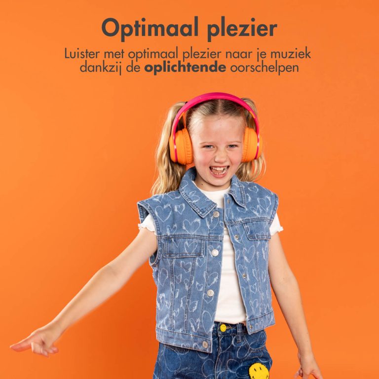 imoshion Draadloze Kinderkoptelefoon LED Light - Decibelbegrenzer - Met AUX kabel - Hot Pink / Apricot Orange Crush - Afbeelding 4