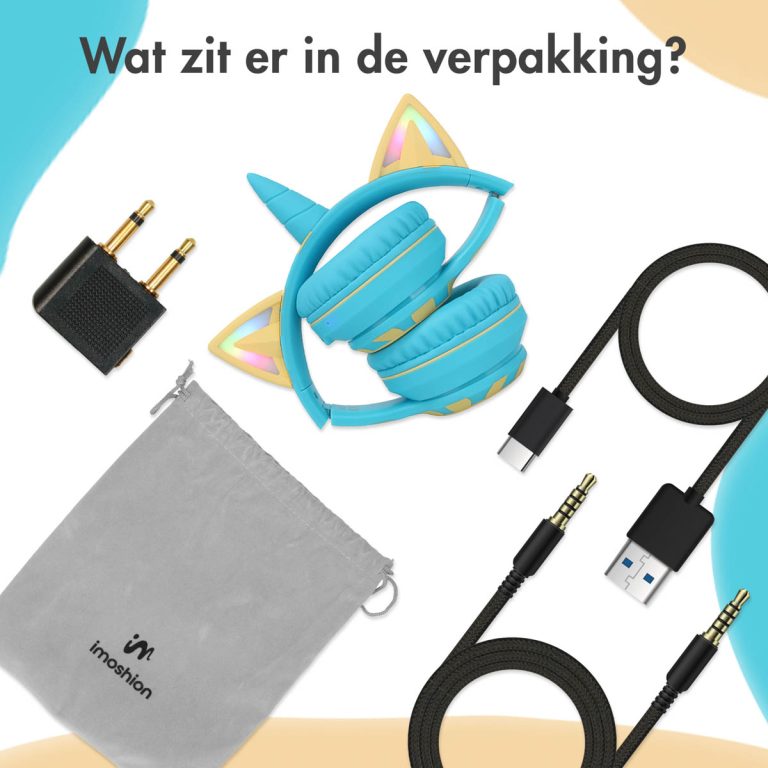 imoshion Draadloze Kinderkoptelefoon Unicorn LED Light - Decibelbegrenzer - Met AUX kabel - Soft Blue / Yellow - Afbeelding 6
