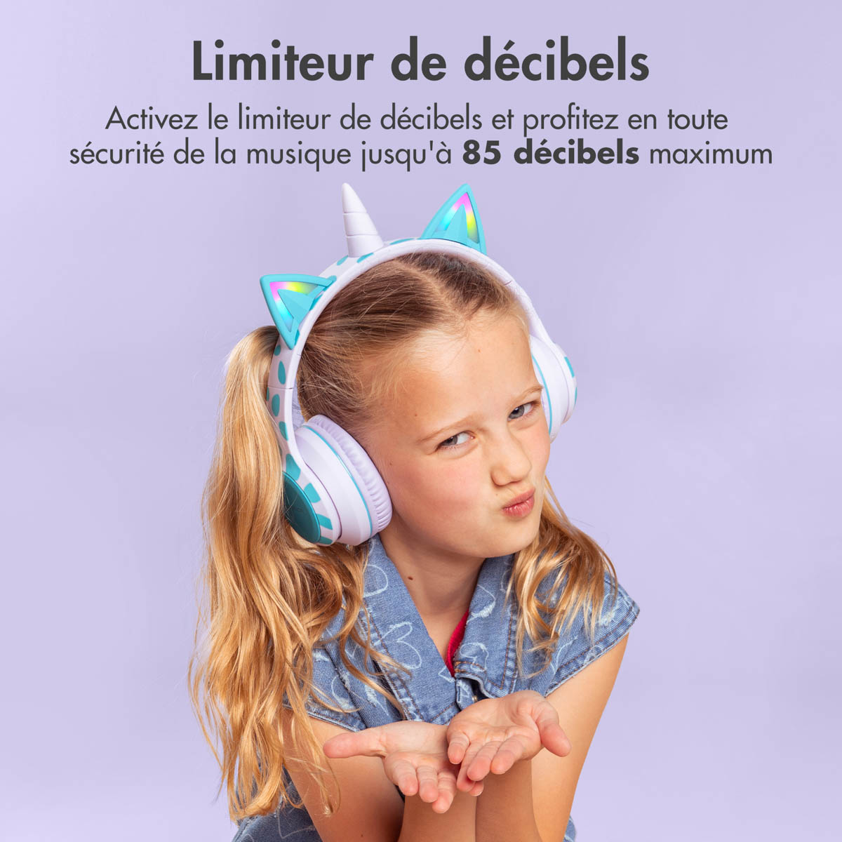 imoshion Draadloze Kinderkoptelefoon Unicorn LED Light - Decibelbegrenzer - Met AUX kabel - Lavender Lilac / Soft Blue - Afbeelding 10