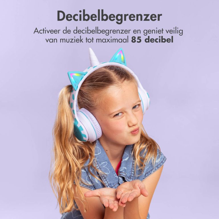 imoshion Draadloze Kinderkoptelefoon Unicorn LED Light - Decibelbegrenzer - Met AUX kabel - Lavender Lilac / Soft Blue - Afbeelding 10