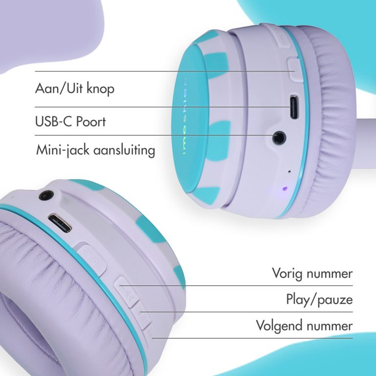 imoshion Draadloze Kinderkoptelefoon Unicorn LED Light - Decibelbegrenzer - Met AUX kabel - Lavender Lilac / Soft Blue - Afbeelding 8